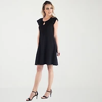 24seven Comfort Apparel Womens Keyhole Neck Short Sleeve Cap Fit + Flare Dress