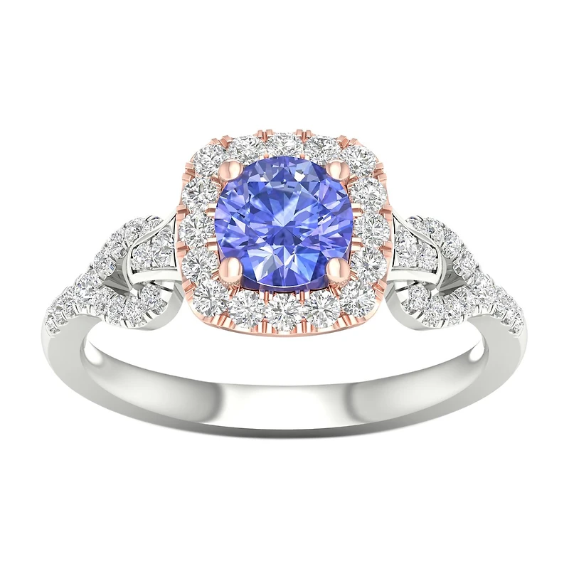 Modern Bride Gemstone Womens 1/3 CT. T.W. Genuine Blue Tanzanite 10K Gold Cushion Side Stone Halo Engagement Ring