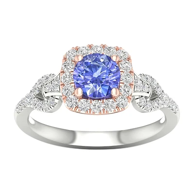 Modern Bride Gemstone Womens 1/3 CT. T.W. Genuine Blue Tanzanite 10K Gold Cushion Side Stone Halo Engagement Ring