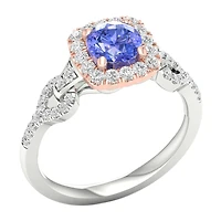 Modern Bride Gemstone Womens 1/3 CT. T.W. Genuine Blue Tanzanite 10K Gold Cushion Side Stone Halo Engagement Ring