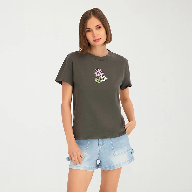 VOLCOM Womens Juniors Crew Neck Short Sleeve Regular Fit Graphic T-Shirt
