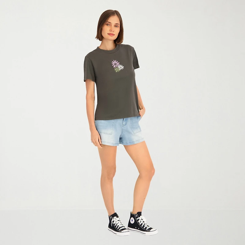 VOLCOM Womens Juniors Crew Neck Short Sleeve Regular Fit Graphic T-Shirt