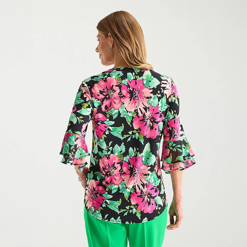 Black Label by Evan-Picone Womens Split Crew Neck 3/4 Sleeve Blouse