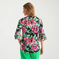 Black Label by Evan-Picone Womens Split Crew Neck 3/4 Sleeve Blouse