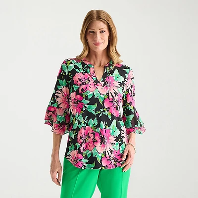 Black Label by Evan-Picone Womens Split Crew Neck 3/4 Sleeve Blouse