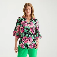 Black Label by Evan-Picone Womens Split Crew Neck 3/4 Sleeve Blouse