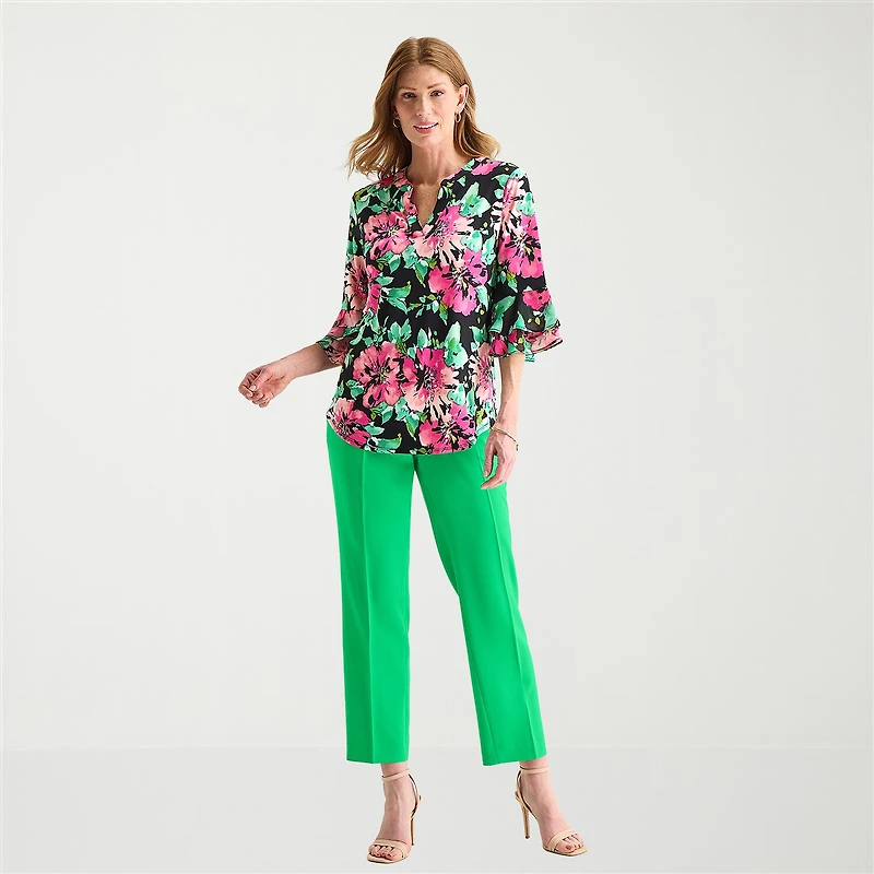 Black Label by Evan-Picone Womens Split Crew Neck 3/4 Sleeve Blouse