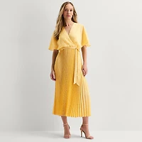 Studio 1 Womens Midi V Neck Short Sleeve Kimono Dots Fit + Flare Dress