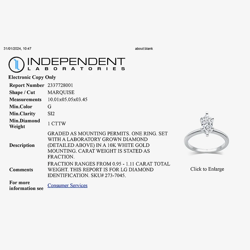 1 CT. Lab-Grown (G / SI1-SI2) Diamond Marquise-cut Solitaire Engagement Ring 10K or 14K Gold