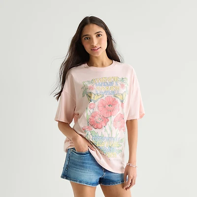 Arizona Womens Juniors Round Neck Short Sleeve Oversized Graphic T-Shirt