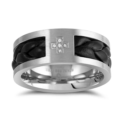 Mens 8MM Diamond Accent Natural White Stainless Steel Wedding Band