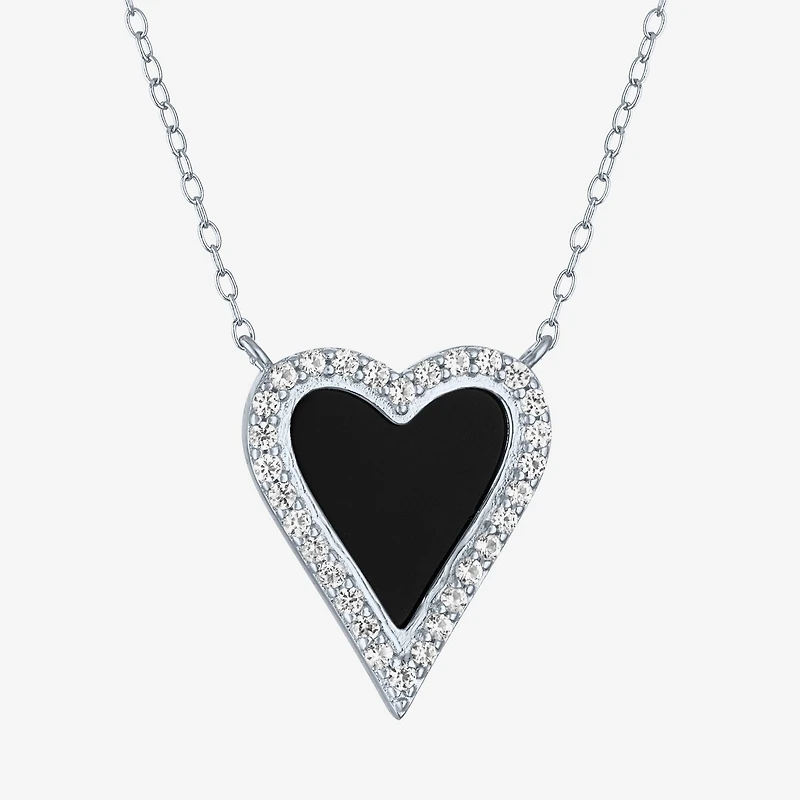 Womens Genuine Black Onyx Sterling Silver Heart 16 Inch Pendant Necklace
