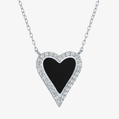 Womens Genuine Black Onyx Sterling Silver Heart 16 Inch Pendant Necklace