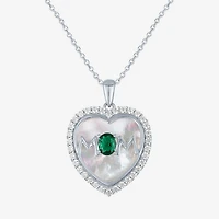 "Mom" Womens Lab Created Green Emerald Sterling Silver Heart 16 Inch Pendant Necklace