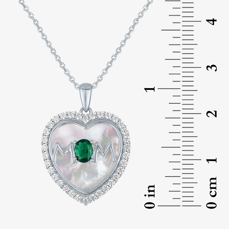 "Mom" Womens Lab Created Green Emerald Sterling Silver Heart 16 Inch Pendant Necklace