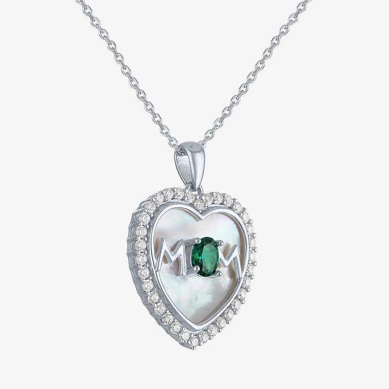 "Mom" Womens Lab Created Green Emerald Sterling Silver Heart 16 Inch Pendant Necklace