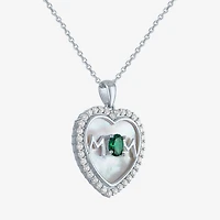 "Mom" Womens Lab Created Green Emerald Sterling Silver Heart 16 Inch Pendant Necklace