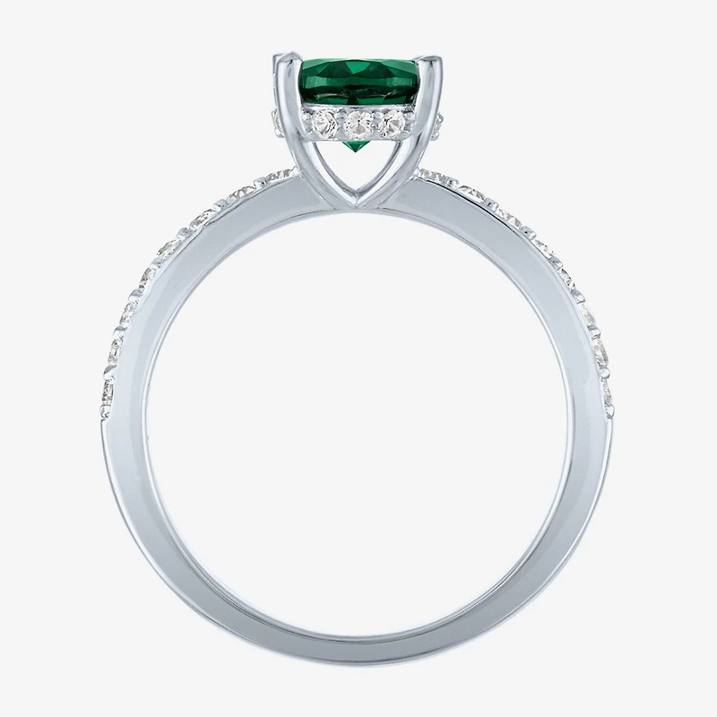 Womens Lab Created Green Emerald Sterling Silver Oval Side Stone Cocktail Ring