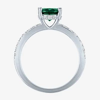 Womens Lab Created Green Emerald Sterling Silver Oval Side Stone Cocktail Ring
