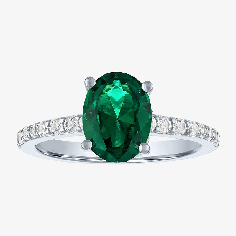 Womens Lab Created Green Emerald Sterling Silver Oval Side Stone Cocktail Ring