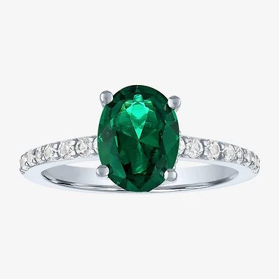 Womens Lab Created Green Emerald Sterling Silver Oval Side Stone Cocktail Ring