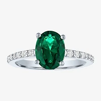 Womens Lab Created Green Emerald Sterling Silver Oval Side Stone Cocktail Ring