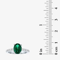 Womens Lab Created Green Emerald Sterling Silver Oval Side Stone Cocktail Ring