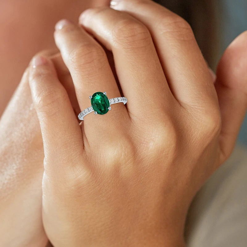 Womens Lab Created Green Emerald Sterling Silver Oval Side Stone Cocktail Ring