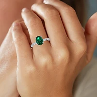 Womens Lab Created Green Emerald Sterling Silver Oval Side Stone Cocktail Ring