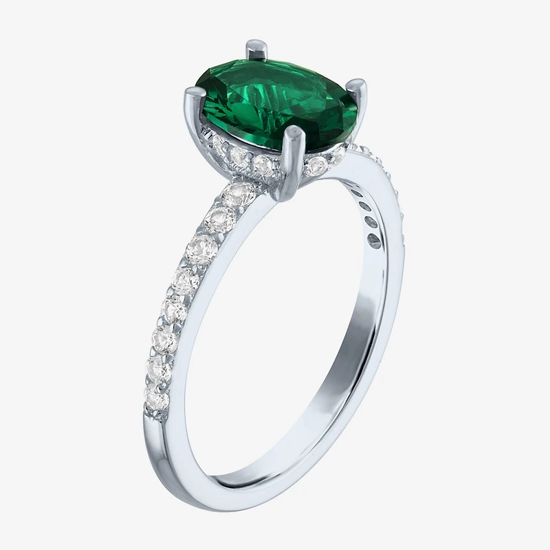 Womens Lab Created Green Emerald Sterling Silver Oval Side Stone Cocktail Ring