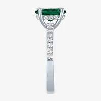 Womens Lab Created Green Emerald Sterling Silver Oval Side Stone Cocktail Ring