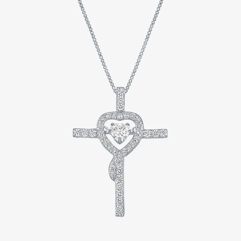 Womens Lab Created White Sapphire Sterling Silver Cross Heart 18 Inch Pendant Necklace