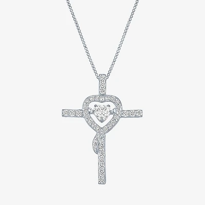 Womens Lab Created White Sapphire Sterling Silver Cross Heart 18 Inch Pendant Necklace