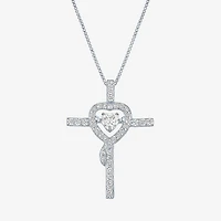 Womens Lab Created White Sapphire Sterling Silver Cross Heart 18 Inch Pendant Necklace