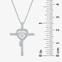Womens Lab Created White Sapphire Sterling Silver Cross Heart 18 Inch Pendant Necklace