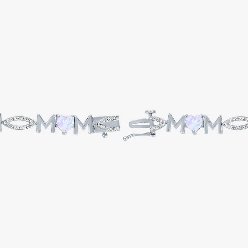 "Mom" Womens Lab Created White Opal Sterling Silver 7.5 Inch Tennis Bracelet