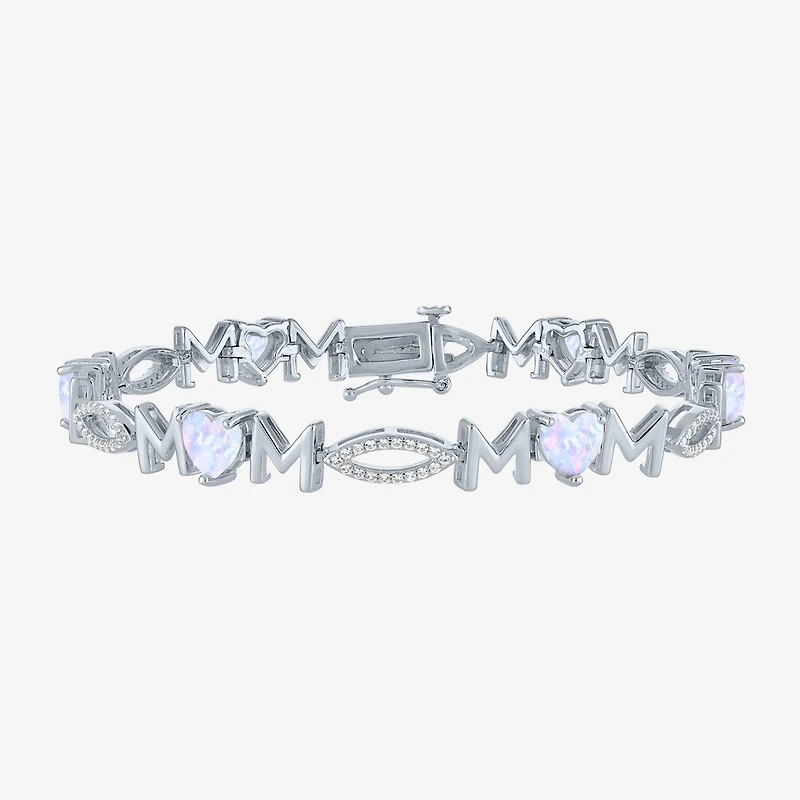 "Mom" Womens Lab Created White Opal Sterling Silver 7.5 Inch Tennis Bracelet