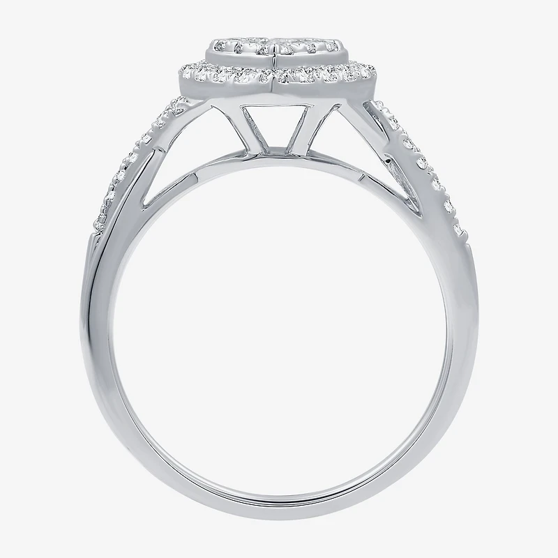 (H-I / I1) Womens 1/2 CT. T.W. Lab Grown White Diamond Sterling Silver Heart Side Stone Crossover Engagement Ring
