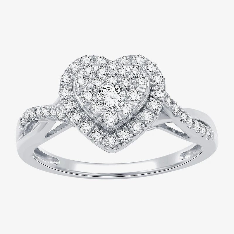 (H-I / I1) Womens 1/2 CT. T.W. Lab Grown White Diamond Sterling Silver Heart Side Stone Crossover Engagement Ring