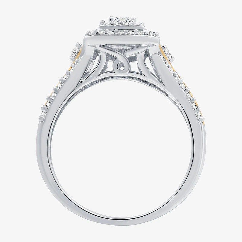 (H-I / I1) Womens 5/8 CT. T.W. Lab Grown White Diamond 14K Two Tone Gold Over Silver Side Stone Halo Bridal Set