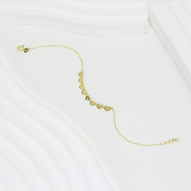 Womens 10K Gold 7.25 Inch Solid Link Heart Chain Bracelet