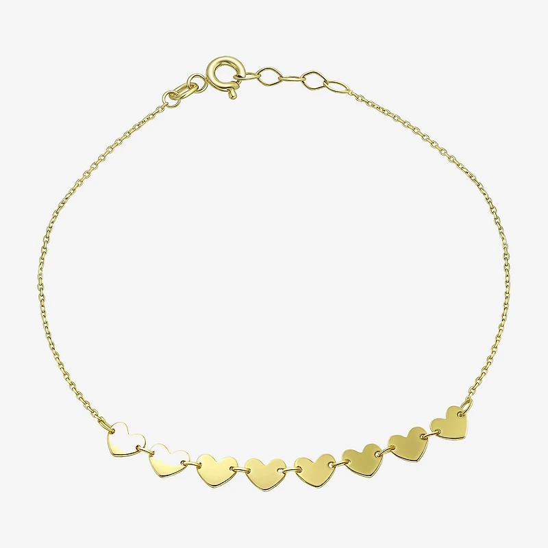 Womens 10K Gold 7.25 Inch Solid Link Heart Chain Bracelet