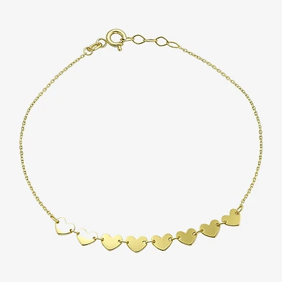 Womens 10K Gold 7.25 Inch Solid Link Heart Chain Bracelet