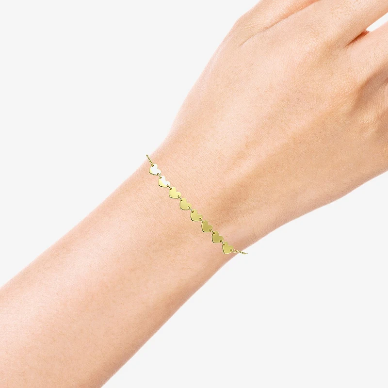 Womens 10K Gold 7.25 Inch Solid Link Heart Chain Bracelet