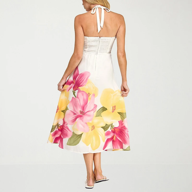Trixxi Womens Juniors Halter Neck Sleeveless Floral A-Line Dress