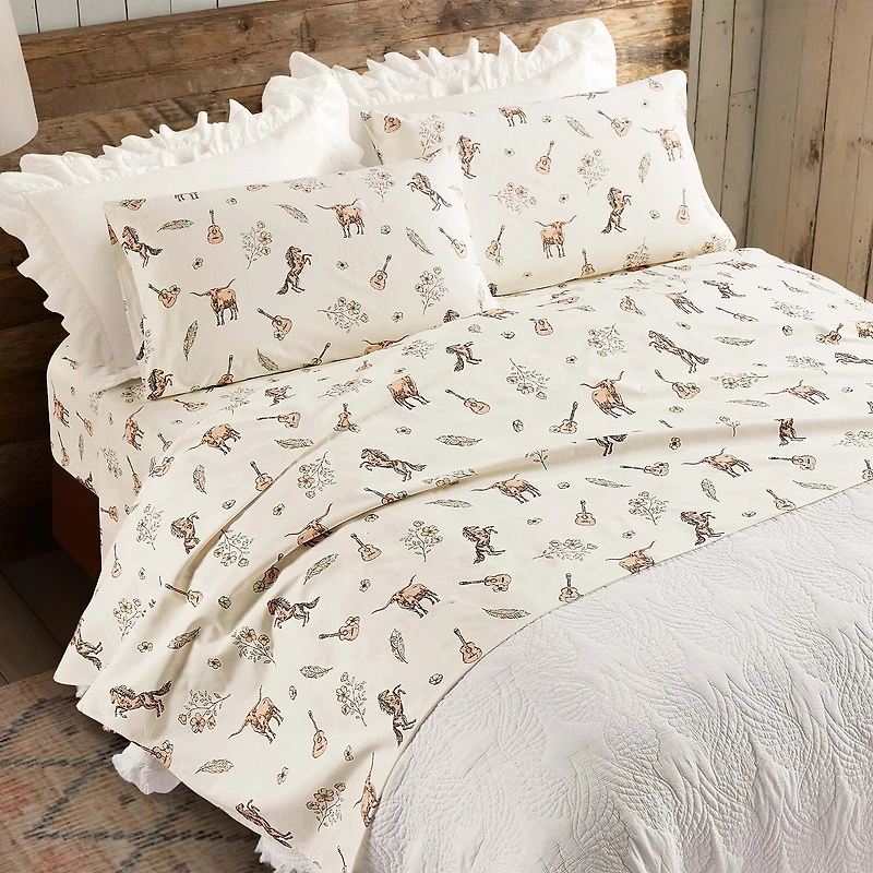 JUNK GYPSY Watercolor Cowgirls 250 Thread Count Cotton Percale Sheet Set