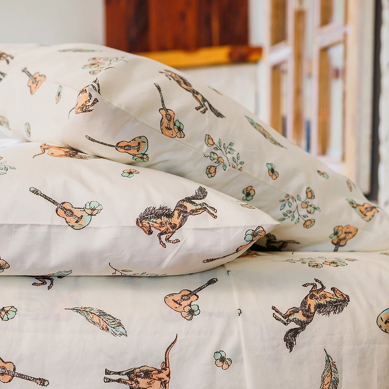 JUNK GYPSY Watercolor Cowgirls 250 Thread Count Cotton Percale Sheet Set