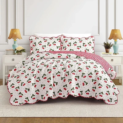 Modern Heirloom Cherry Scalloped Reversible Quilt Set