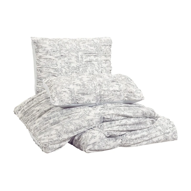 Modern Heirloom Floral Toile Ruched Reversible Comforter Set