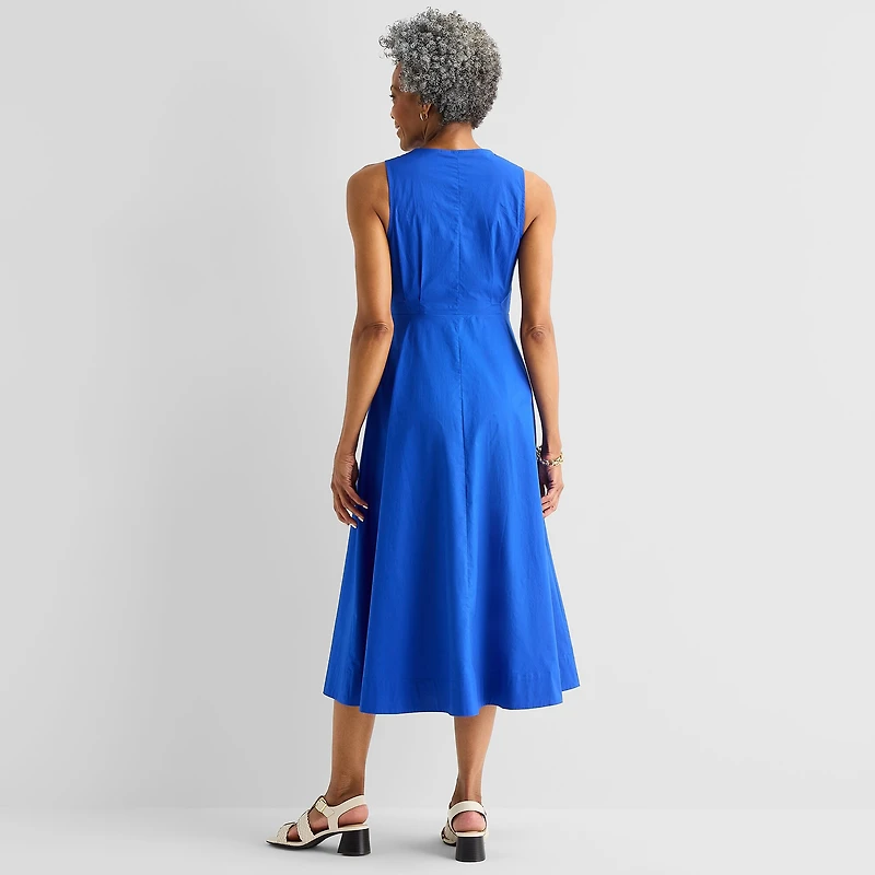 Liz Claiborne Womens Midi V Neck Sleeveless A-Line Dress